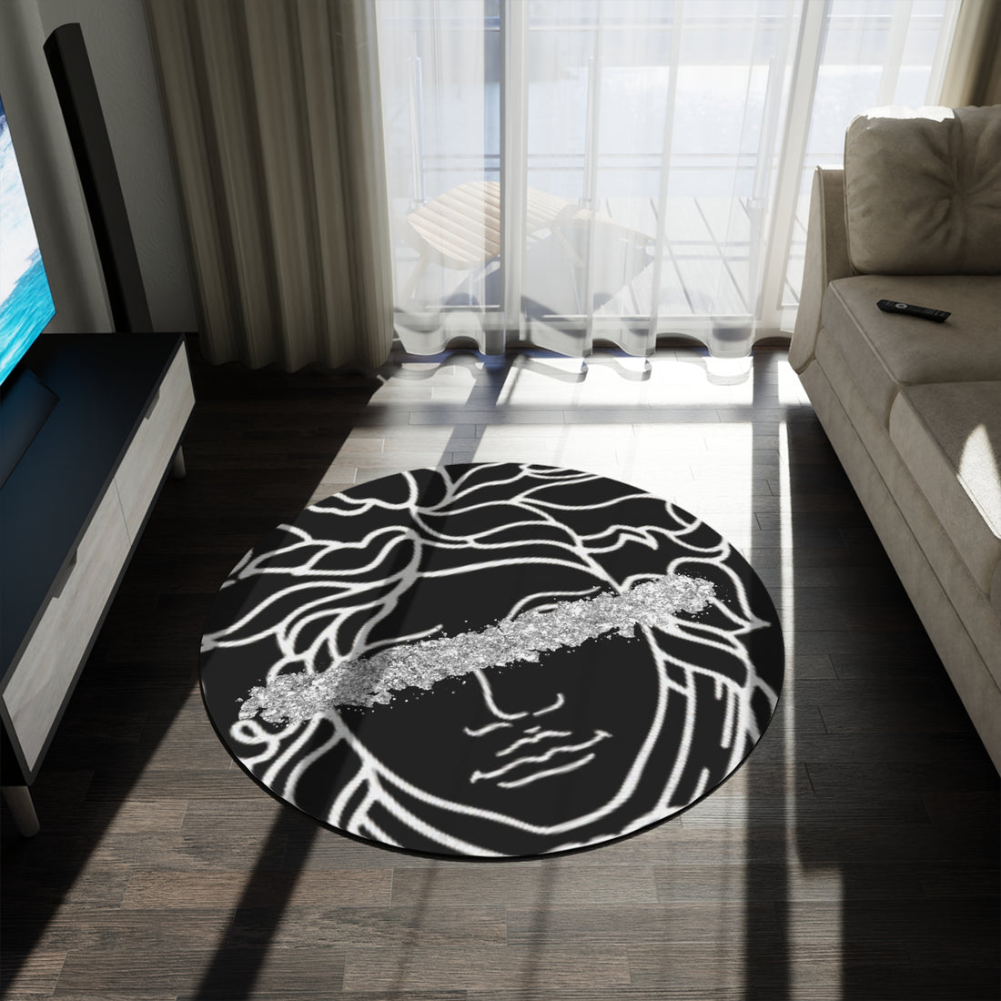 Luxury Medusa Head Black and Silver Decor Round Rug