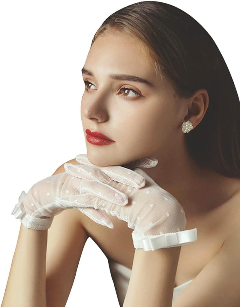 Women’s Short Polka Dot Mesh Gloves with Bow – Wedding &amp; Party Accessories