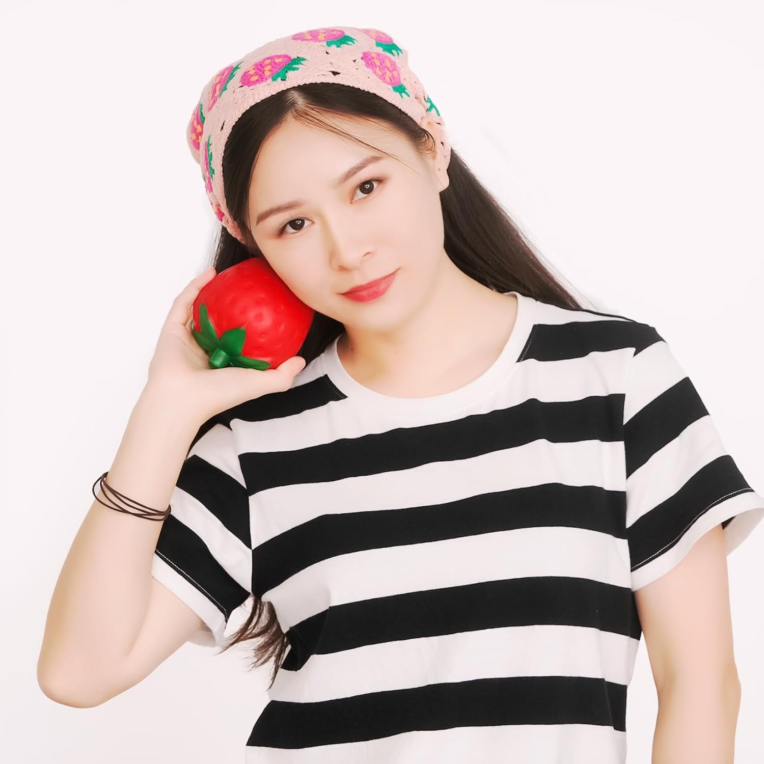 Pink Crochet Strawberry Head Scarf Bandana for Women &amp; Girls Hair Accessory