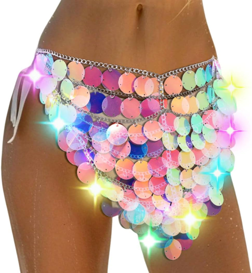Light up Sequin Chain Skirt Sparkly Rave Body Accessories