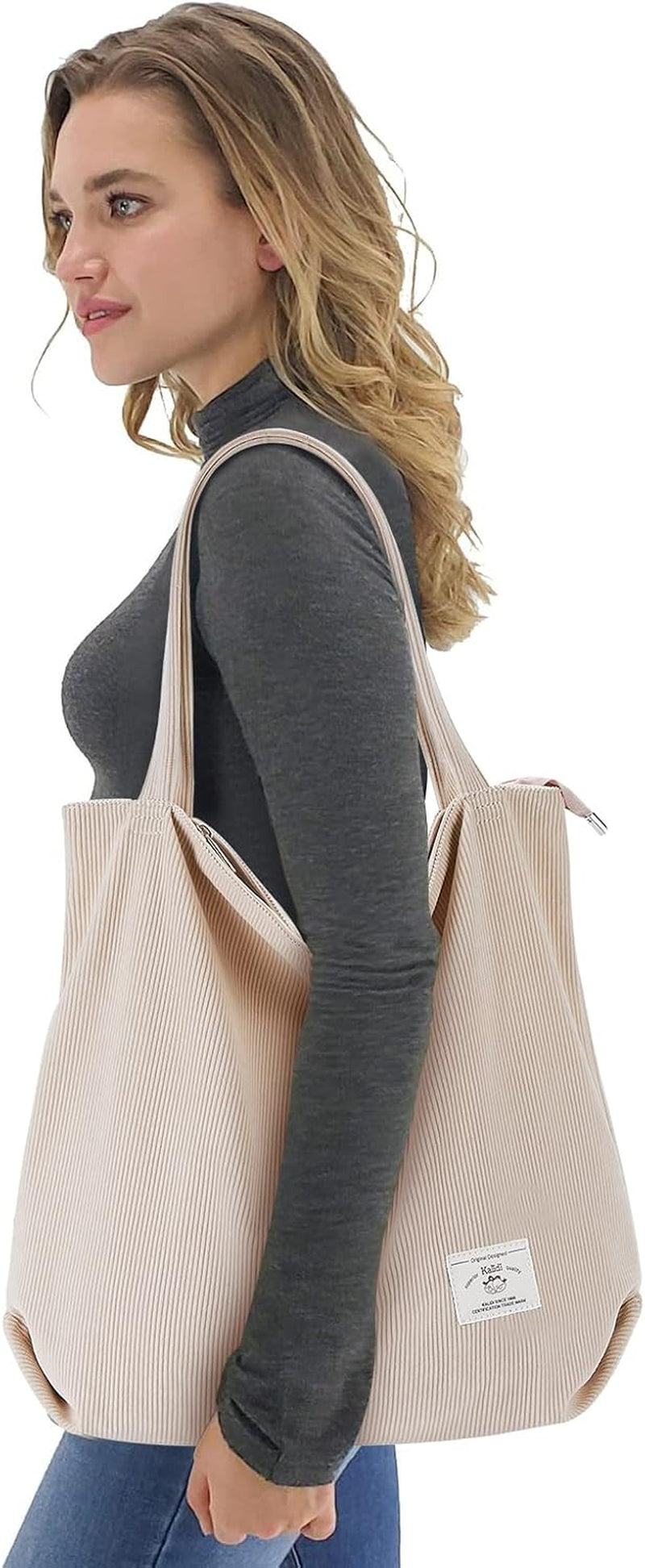 KALIDI Women’s Corduroy Tote Bag – Large Zipper Shoulder Handbag with Pockets