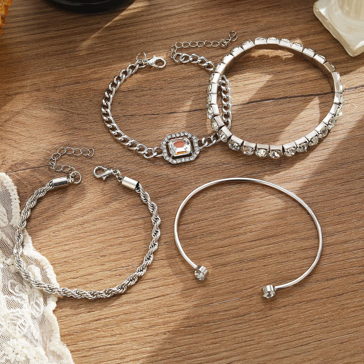 4 PCS Gold &amp; Silver CZ Paperclip Bracelet Set