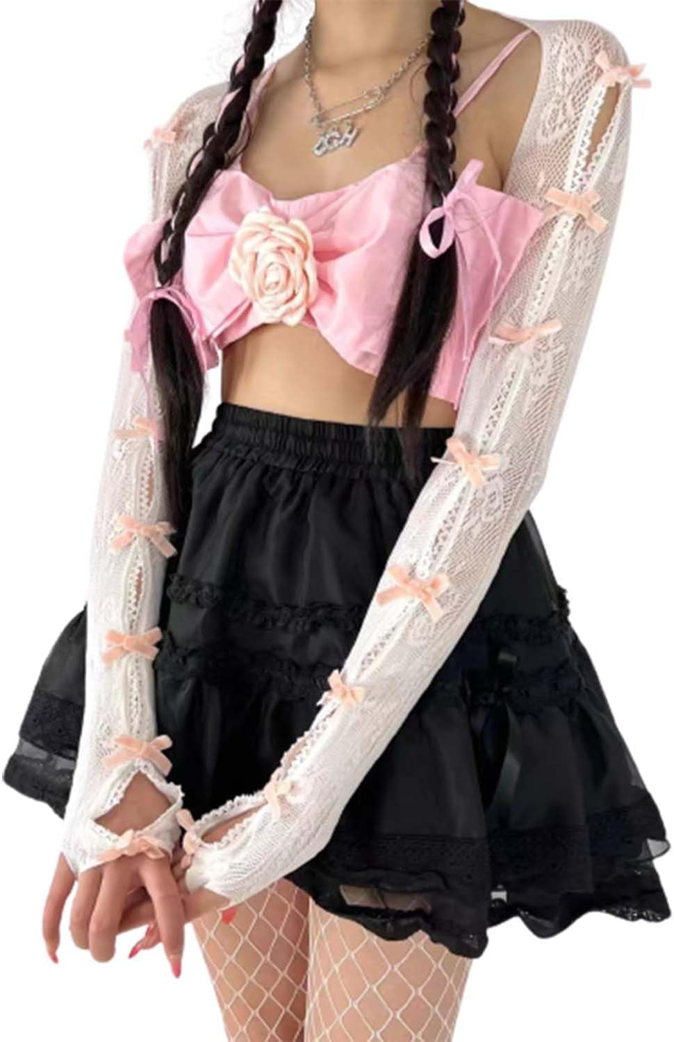 Women’s Mesh Lace Shrug Crop Top with Bow – Y2K Grunge Fairycore
