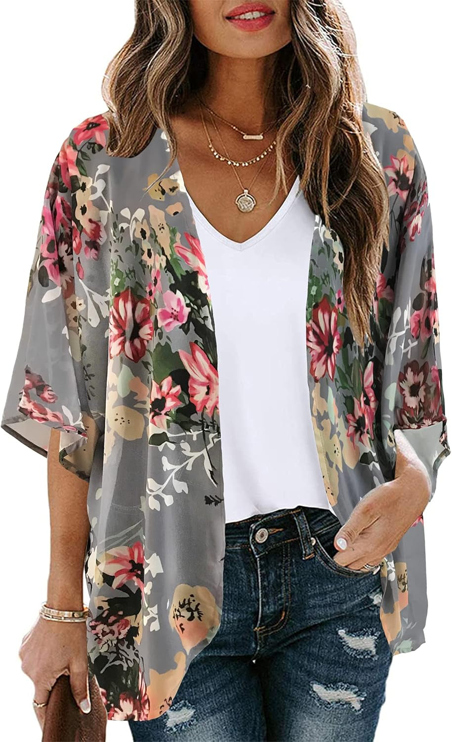 Floral Puff Sleeve Kimono – Loose Casual Cardigan Cover Up