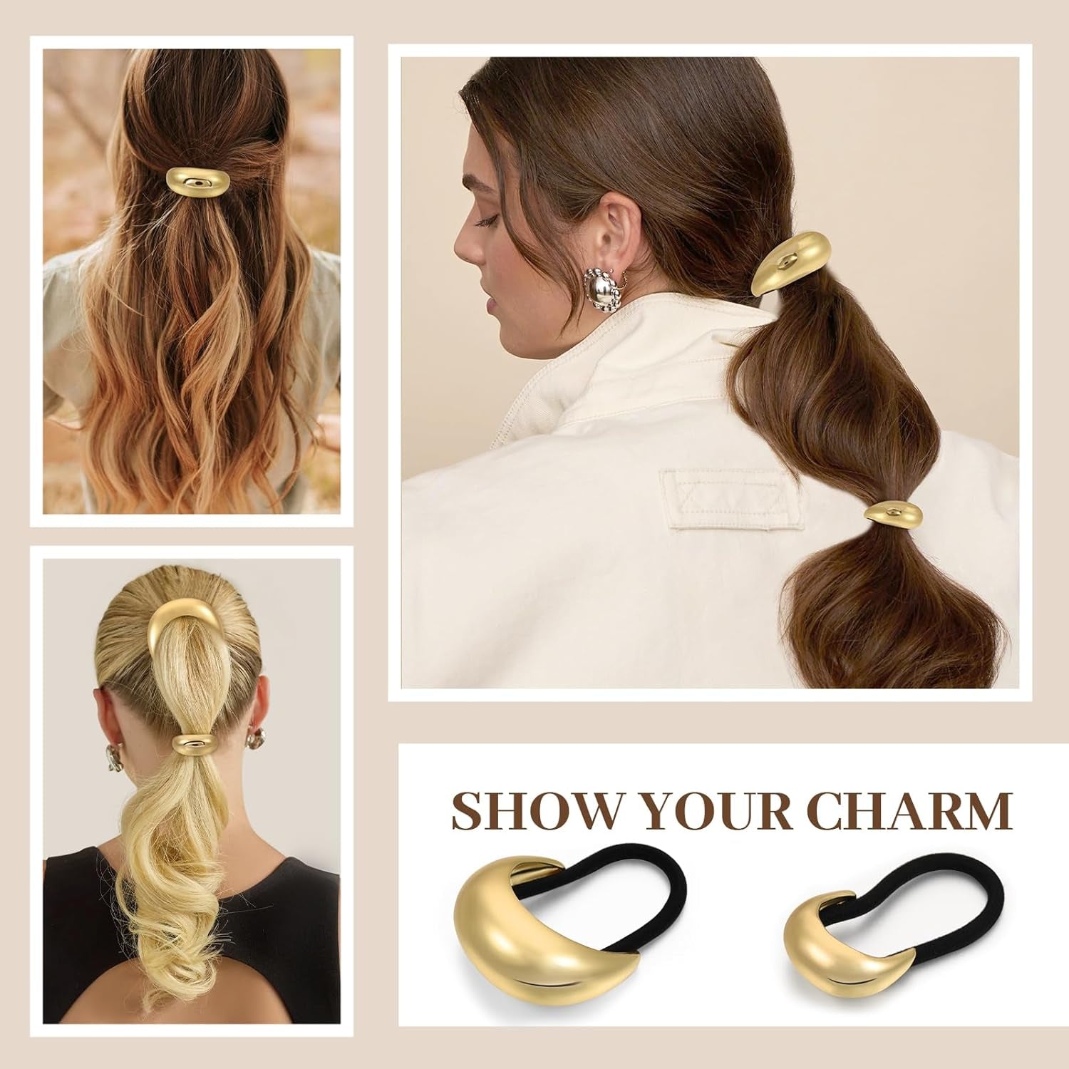 2PCS Gold Metal Hair Ties for Thick Hair