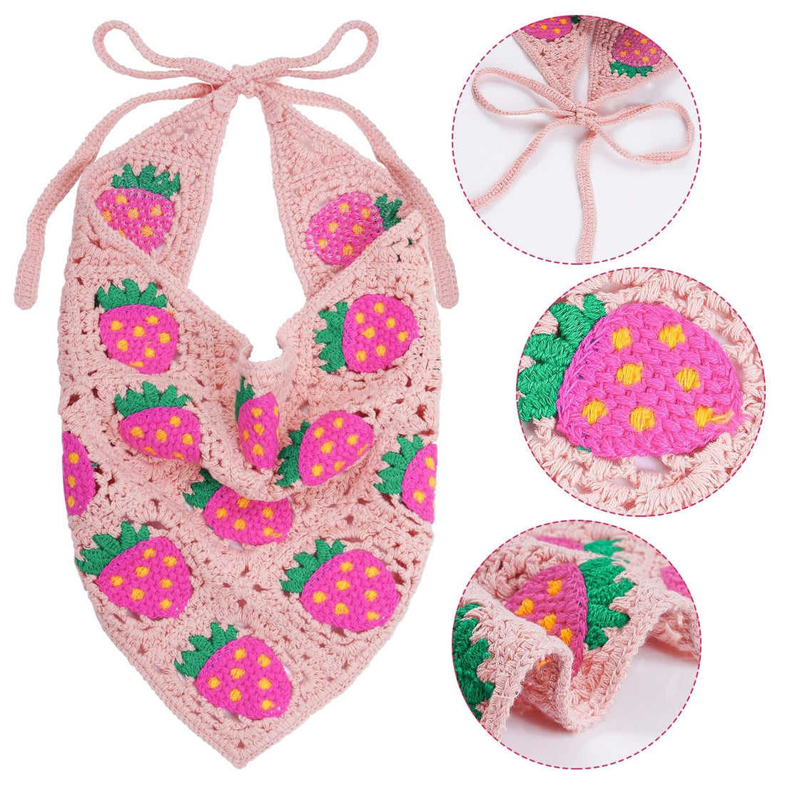 Pink Crochet Strawberry Head Scarf Bandana for Women &amp; Girls Hair Accessory
