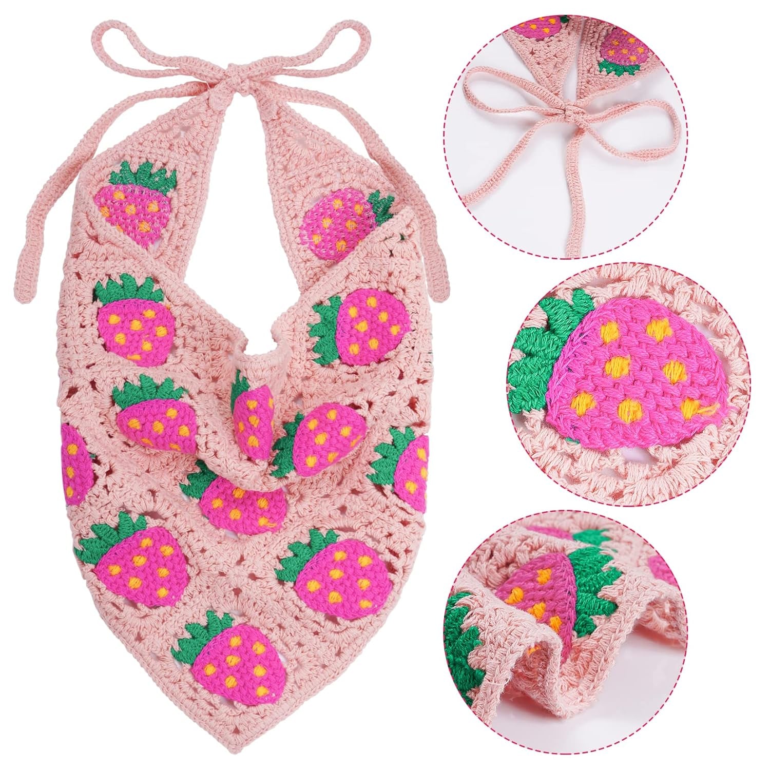 Pink Crochet Strawberry Head Scarf Bandana for Women &amp; Girls Hair Accessory