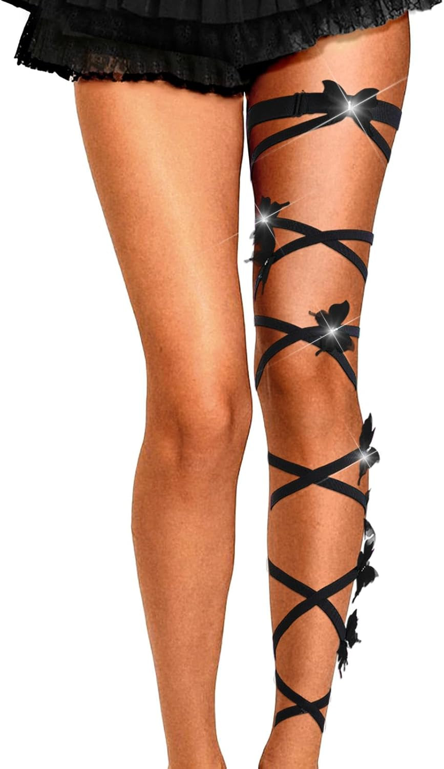 Rave Butterfly Lace Rhinestone Leg Wraps – Non-Slip Elastic Gothic Festival Wear