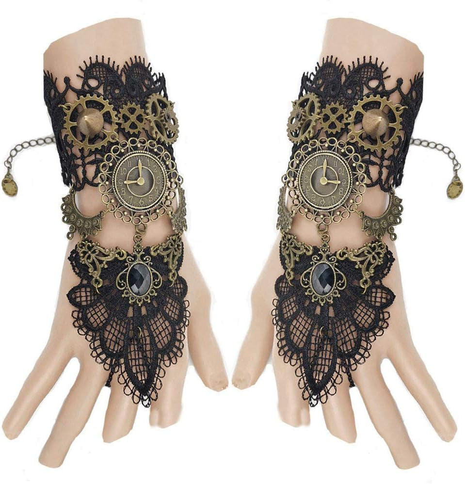Fingerless Gothic Lace Gloves – Steampunk Vintage Bridal Wristbands Set