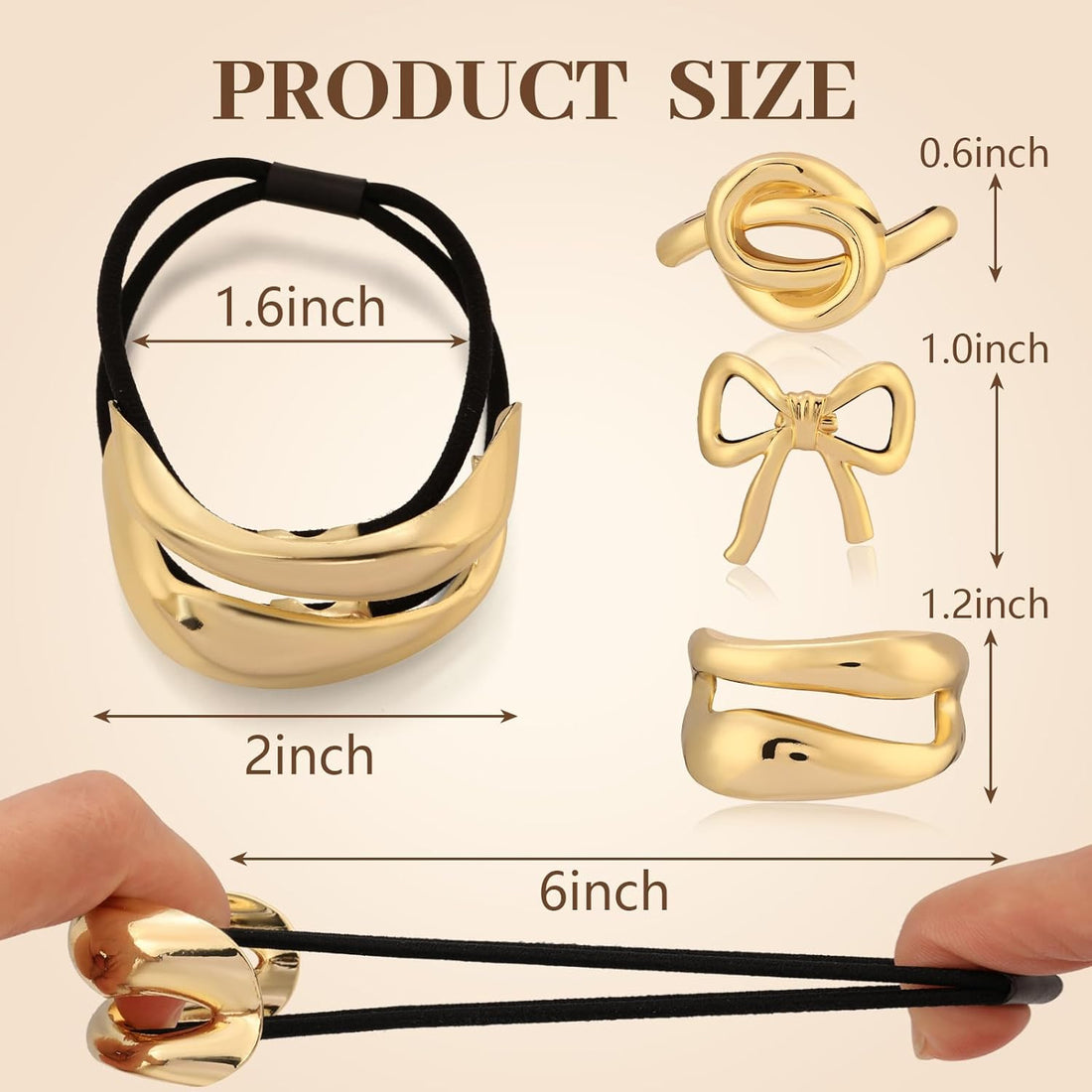 3PCS Gold Metal Hair Ties Stretchy Ponytail Holders