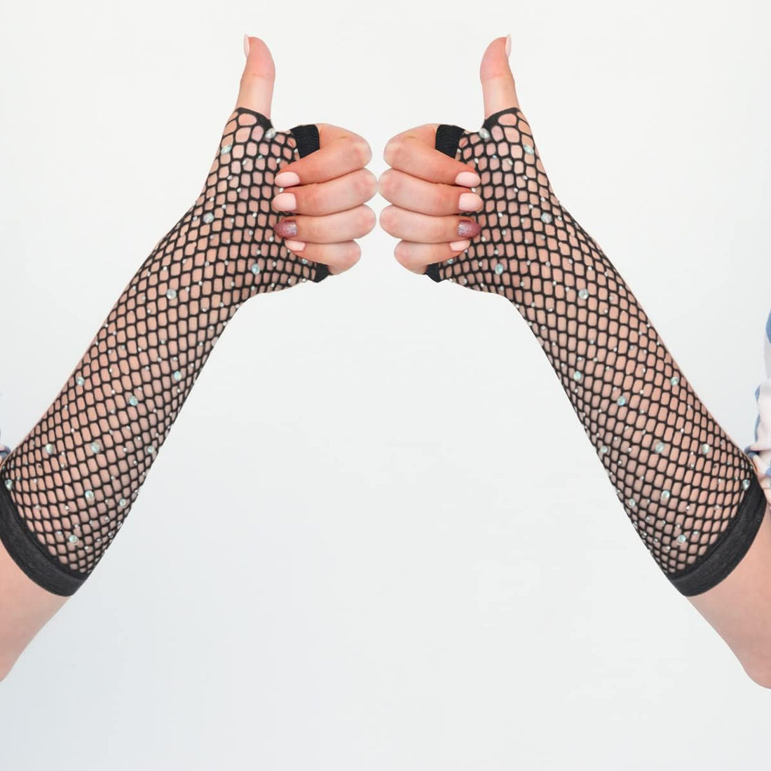 Rhinestone Fishnet Fingerless Gloves – Long Mesh Arm Sleeves for Women