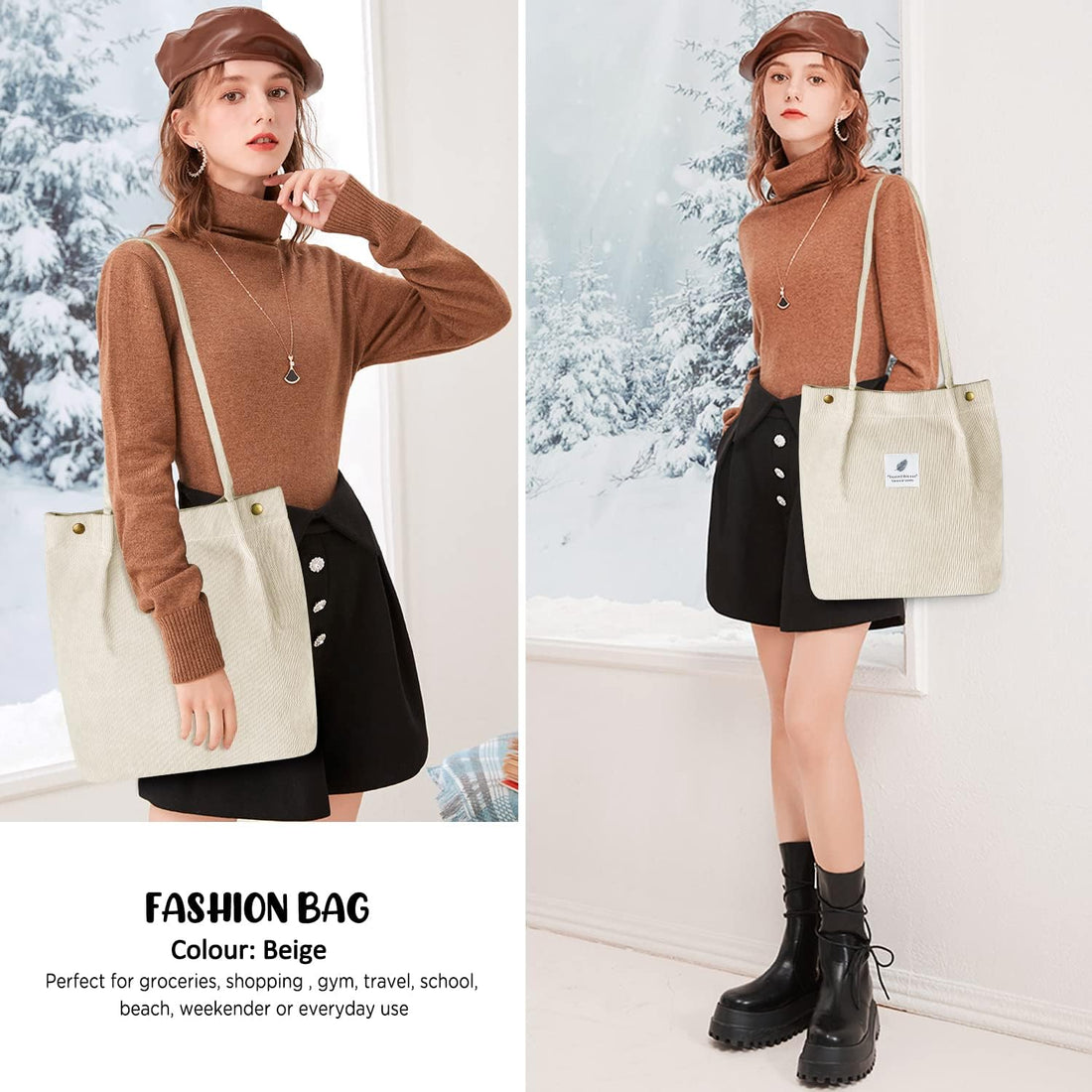 Corduroy Canvas Tote Bag for Women with Inner Pocket