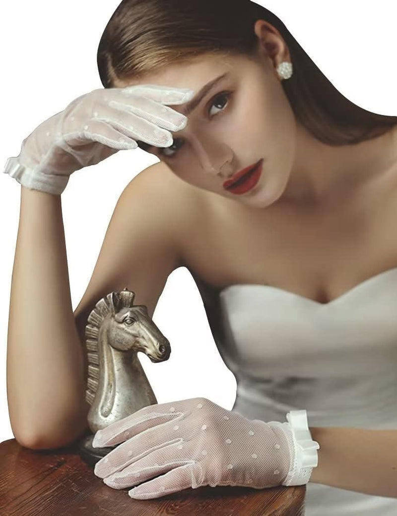 Women’s Short Polka Dot Mesh Gloves with Bow – Wedding &amp; Party Accessories