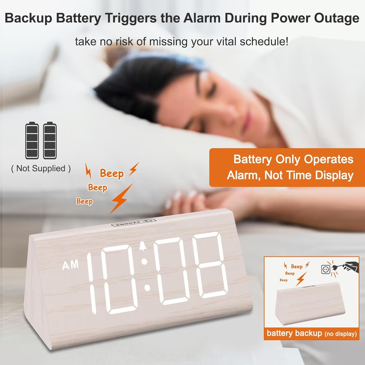 Wooden Digital Alarm Clock with USB Port