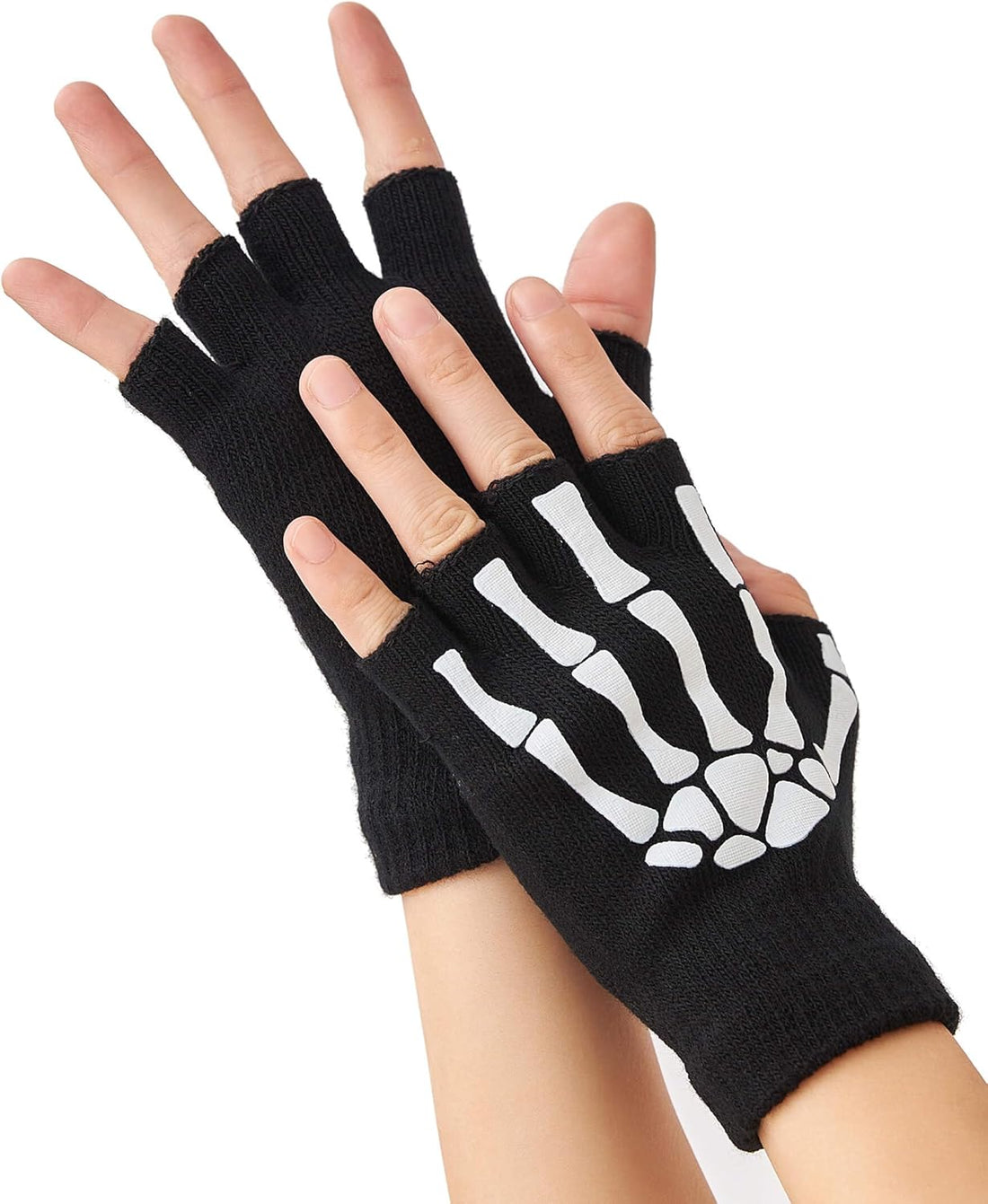 Women’s 2 Pairs Fingerless Skeleton Gloves – Touchscreen &amp; Glow-in-Dark
