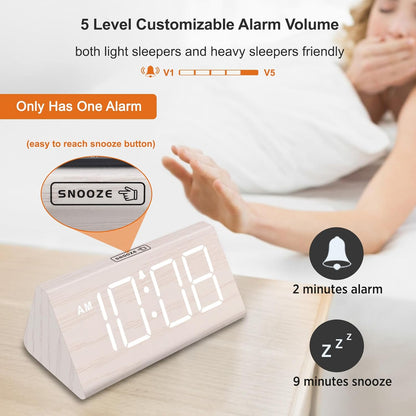 Wooden Digital Alarm Clock with USB Port
