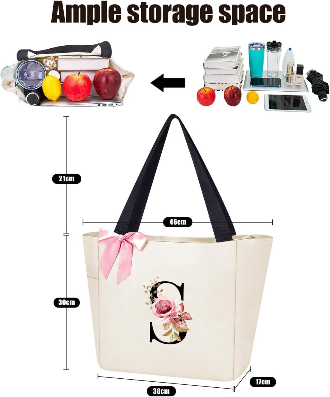 Tote Bag, A-Z Initial Monogrammed Waterproof Tote Bag, Bridesmaid Gifts for Women, Black and Pink