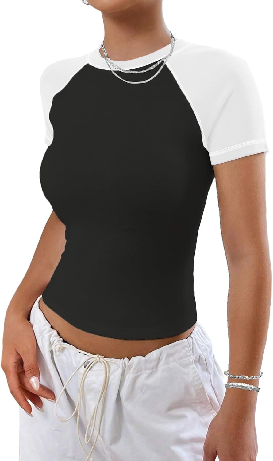 Women Raglan Colorblock Baby Tee Shirt Short Sleeve Summer Casual Tops