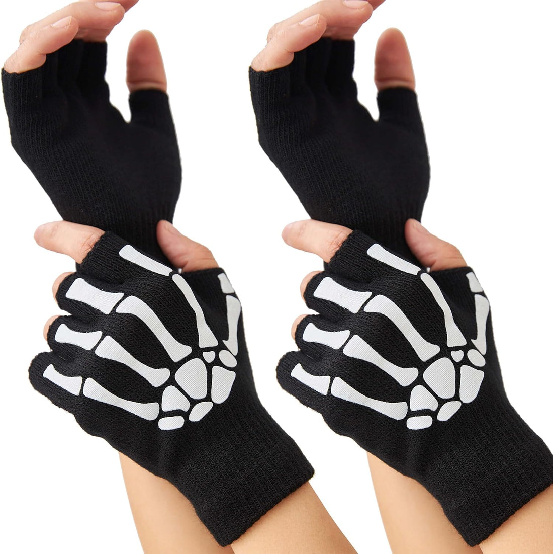 Women’s 2 Pairs Fingerless Skeleton Gloves – Touchscreen &amp; Glow-in-Dark