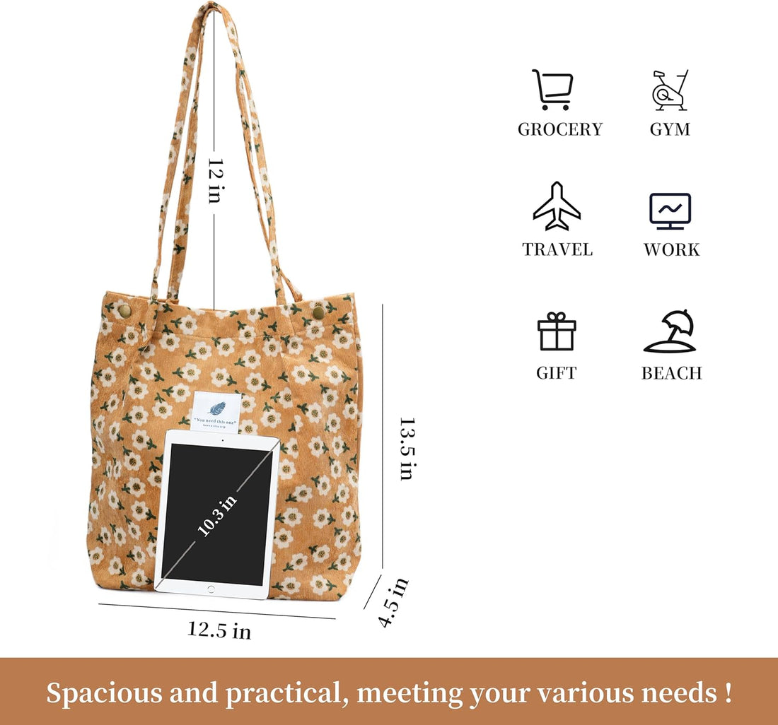 Cute Corduroy Canvas Tote Bag – Shoulder Handbag for Women Travel