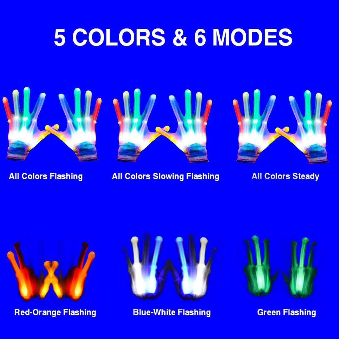 LED Finger Light Gloves for Kids &amp; Teens, 5 Colors 6 Modes – Party Fun