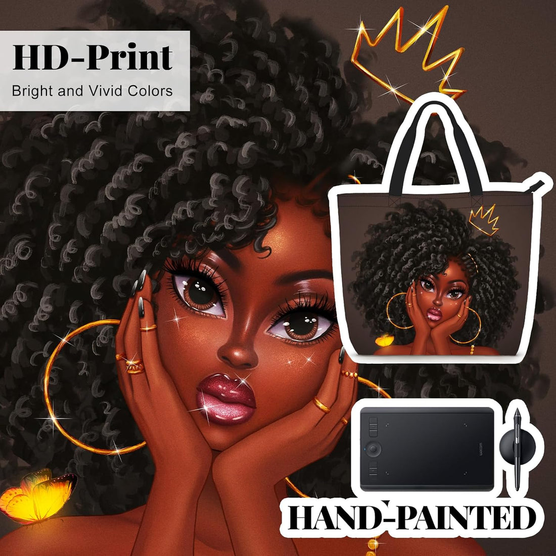 African American Women’s Black Tote Bag – Shoulder Handbag with Zip for Work &amp; Beach
