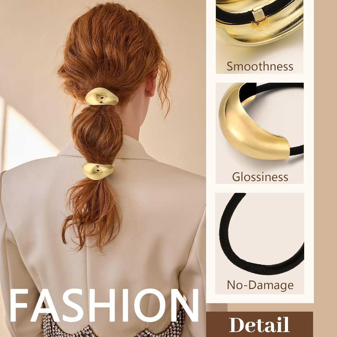 3PCS Gold Metal Hair Ties for Thick Hair