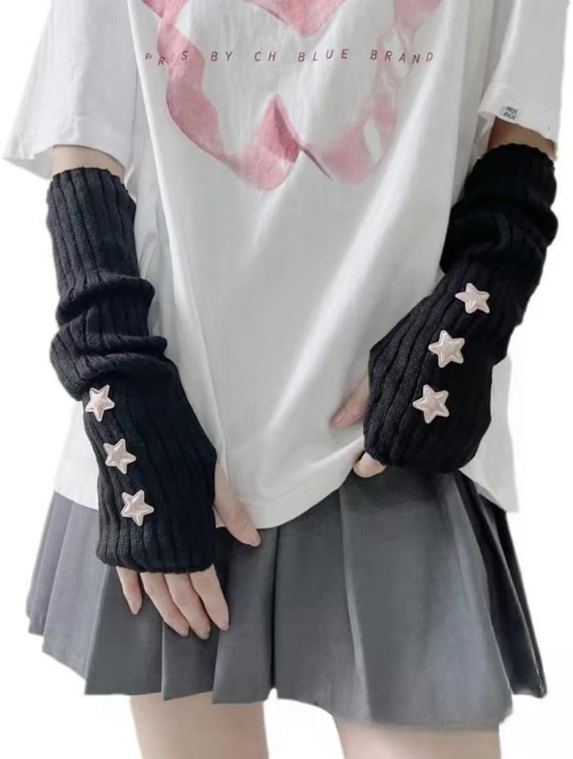 Y2K Women’s Knitted Arm Warmers – Japanese Harajuku Lolita Fingerless Gloves