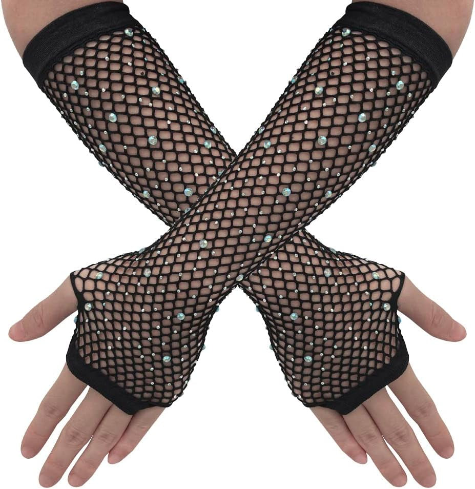 Rhinestone Fishnet Fingerless Gloves – Long Mesh Arm Sleeves for Women